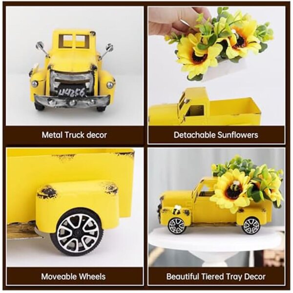 Decorazione tavolo girasole estiva in metallo giallo con fiori artificiali, vintage