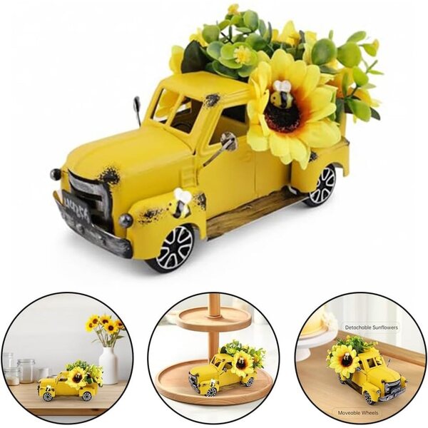 Decorazione tavolo girasole estiva in metallo giallo con fiori artificiali, vintage