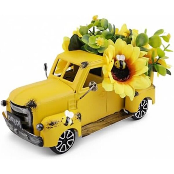 Decorazione tavolo girasole estiva in metallo giallo con fiori artificiali, vintage