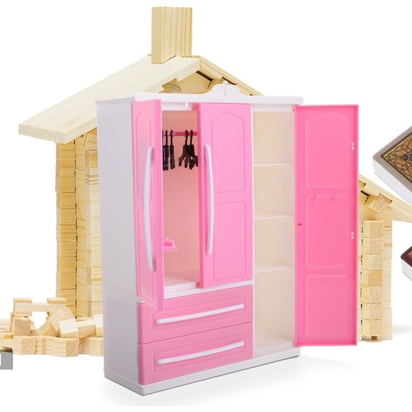 Armadio per Bambole con Scaffale Laterale e 10 Grucce - Organizer Miniatura Colorato