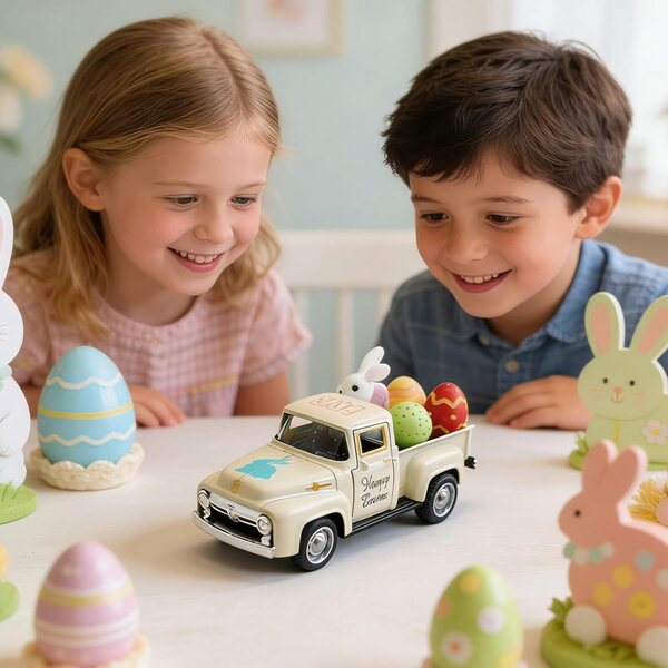 Vintage-Osterwagen aus Metall mit Eiern und Hase – dekoratives Spielzeug 12,5 x 5 x 4 cm