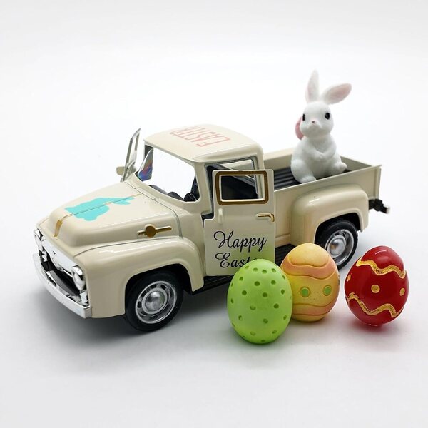 Vintage-Osterwagen aus Metall mit Eiern und Hase – dekoratives Spielzeug 12,5 x 5 x 4 cm