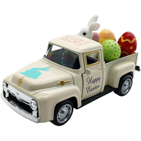 Vintage-Osterwagen aus Metall mit Eiern und Hase – dekoratives Spielzeug 12,5 x 5 x 4 cm