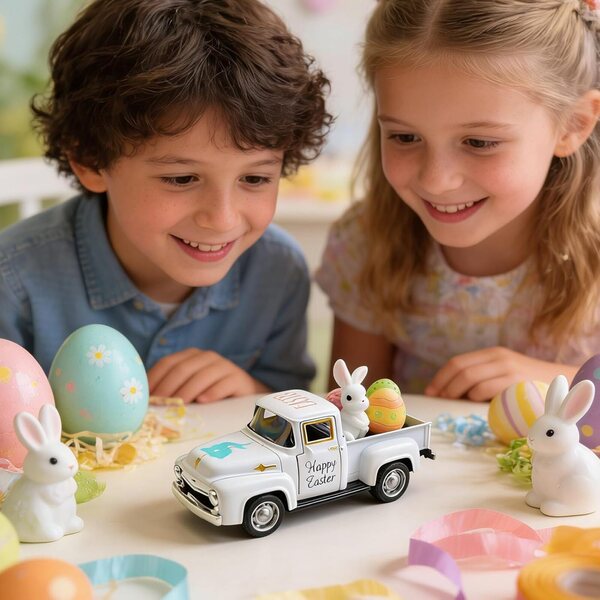 Rustic Easter Truck vintage con uova e coniglio giocattolo interattivo per bambini