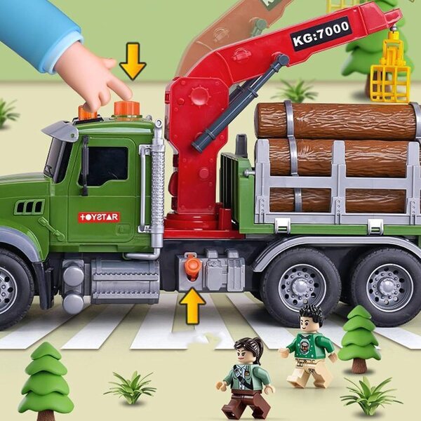 2-in-1-Abschleppwagenspielzeug aus Holz mit LKW, Anhänger, 3 Mülltonnen und Soundeffekten