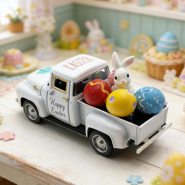 Decorazione camion vintage in resina con uova e pick-up per Pasqua e casa