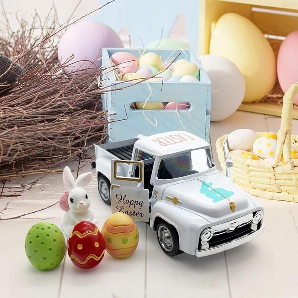 Decorazione camion vintage in resina con uova e pick-up per Pasqua e casa