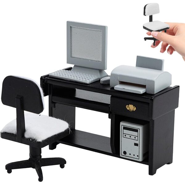 Mini Set Scrivania in Legno per Casa delle Bambole 1/12 con Computer e Sedia Nera