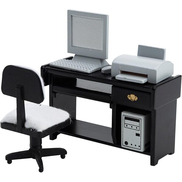 Mini Set Scrivania in Legno per Casa delle Bambole 1/12 con Computer e Sedia Nera
