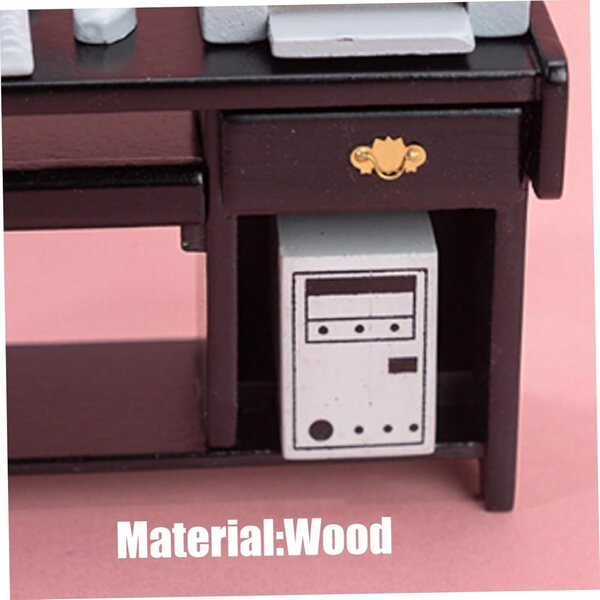 Mini Set Scrivania in Legno per Casa delle Bambole 1/12 con Computer e Sedia Nera