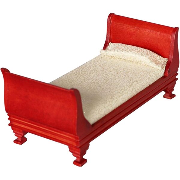 Letto in Legno Naturale per Casa delle Bambole Scala 1/12, Design Retrò Rosso