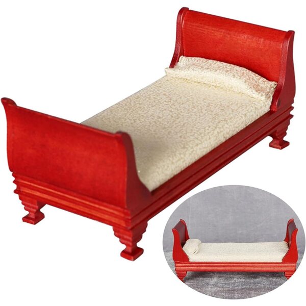 Letto in Legno Naturale per Casa delle Bambole Scala 1/12, Design Retrò Rosso