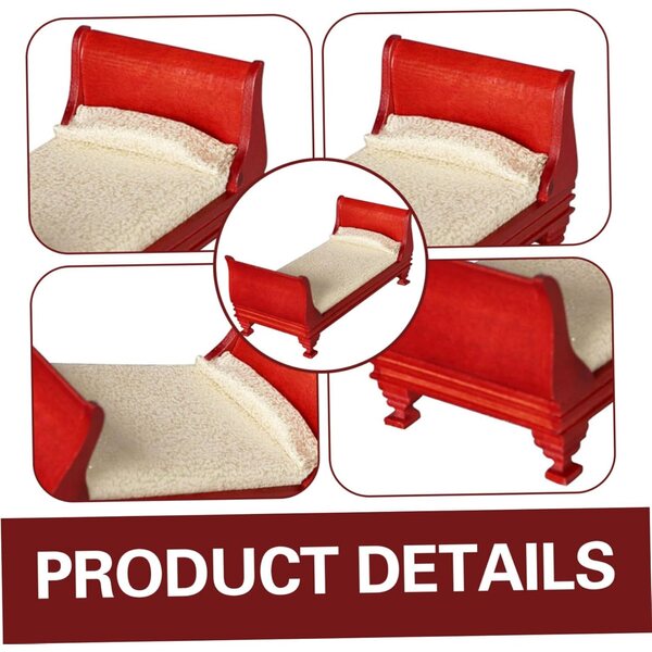 Letto in Legno Naturale per Casa delle Bambole Scala 1/12, Design Retrò Rosso