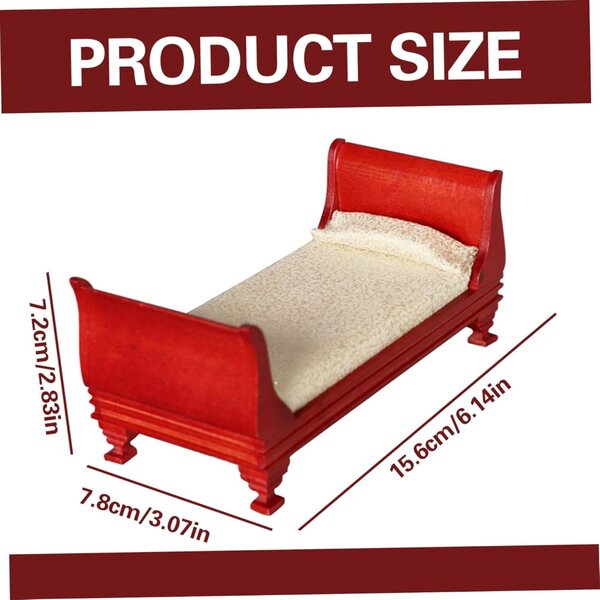 Letto in Legno Naturale per Casa delle Bambole Scala 1/12, Design Retrò Rosso