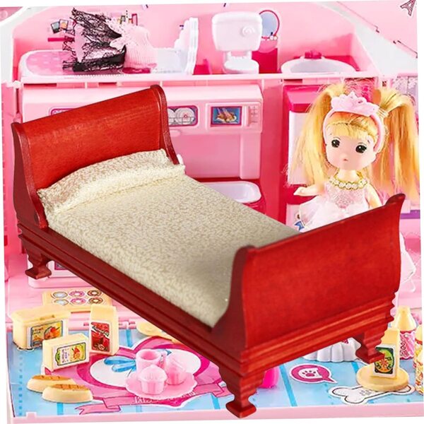 Letto in Legno Naturale per Casa delle Bambole Scala 1/12, Design Retrò Rosso