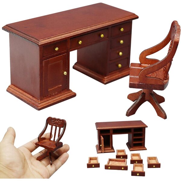 Scrivania e sedia in miniatura per casa delle bambole in legno scala 1:12 retrò