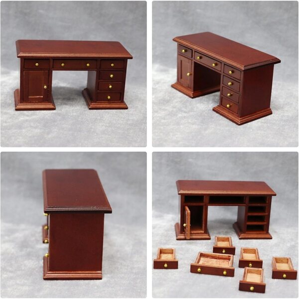 Scrivania e sedia in miniatura per casa delle bambole in legno scala 1:12 retrò