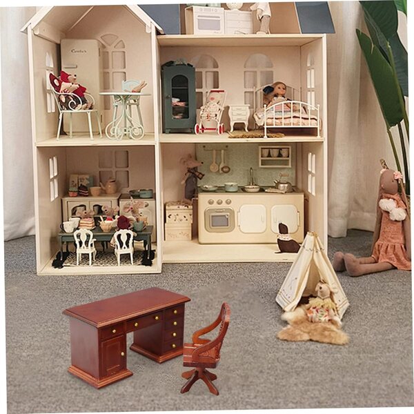Scrivania e sedia in miniatura per casa delle bambole in legno scala 1:12 retrò