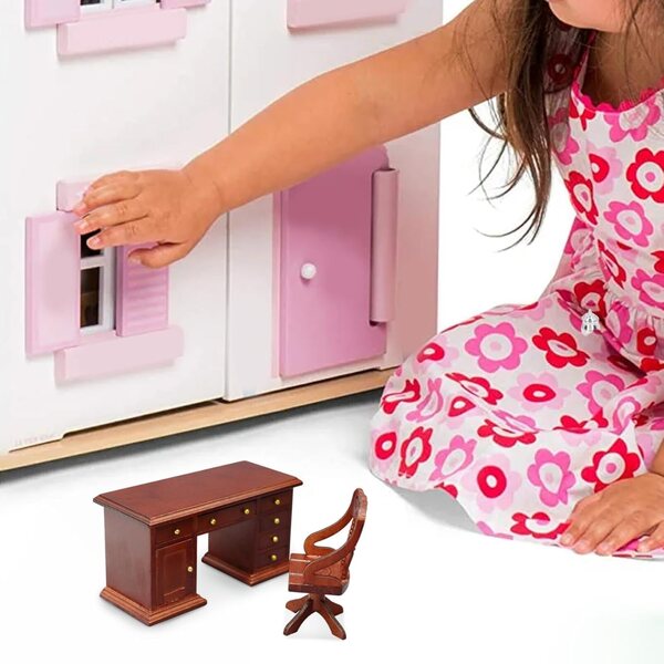 Scrivania e sedia in miniatura per casa delle bambole in legno scala 1:12 retrò