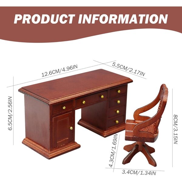 Scrivania e sedia in miniatura per casa delle bambole in legno scala 1:12 retrò