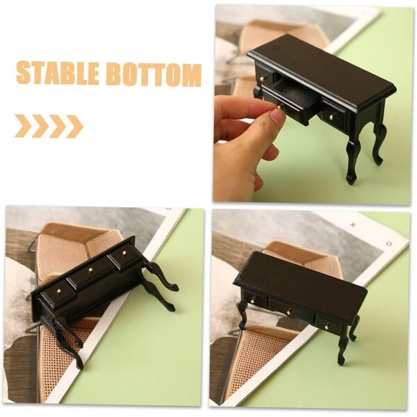 Mini Scrivania in Legno Nero per Casa delle Bambole, Mobili Decorativi in Miniatura