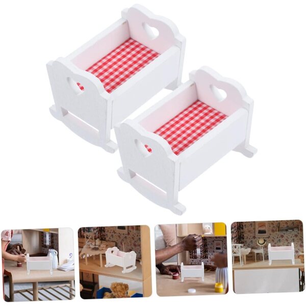 Set 2 Mini Culle in Legno Bianche per Casa delle Bambole, Mobili Miniatura Resistenti