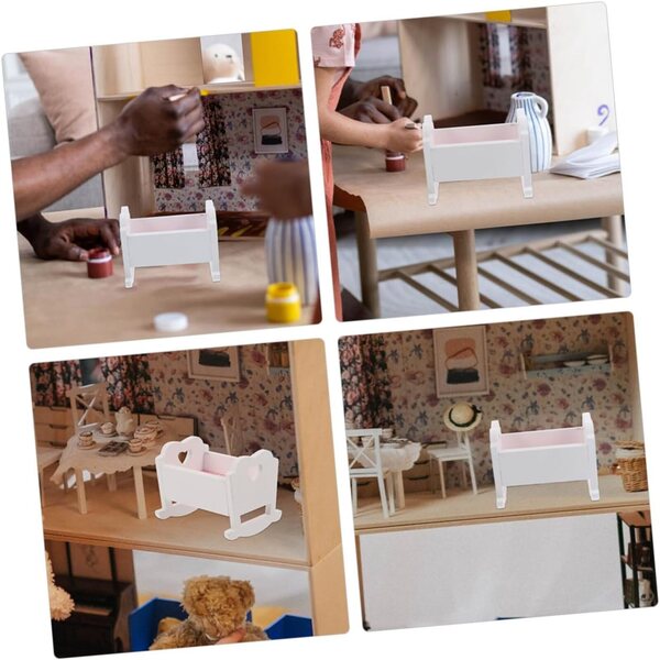Set 2 Mini Culle in Legno Bianche per Casa delle Bambole, Mobili Miniatura Resistenti