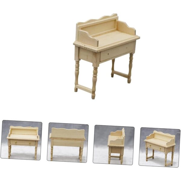 Mini Scrivania in Legno Beige per Casa delle Bambole - Tavolo Semicircolare da Ufficio