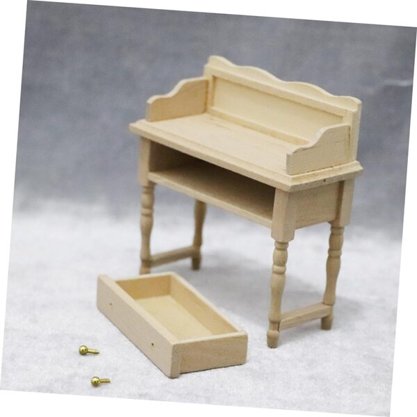 Mini Scrivania in Legno Beige per Casa delle Bambole - Tavolo Semicircolare da Ufficio