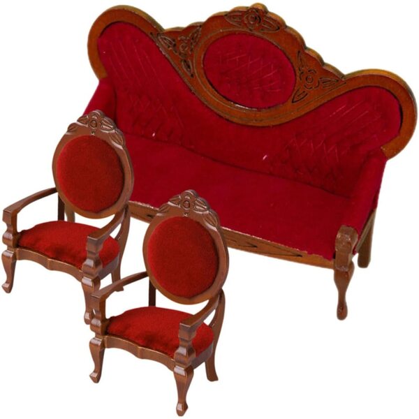 Set Divano e Sedia Miniatura in Legno per Casa Bambole, Stile Vintage Rosso