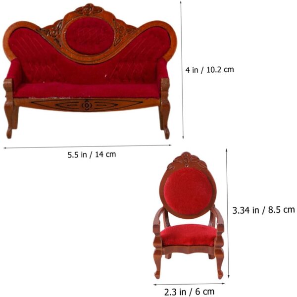 Set Divano e Sedia Miniatura in Legno per Casa Bambole, Stile Vintage Rosso