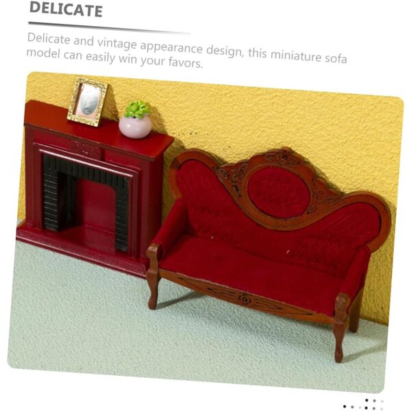 Set Divano e Sedia Miniatura in Legno per Casa Bambole, Stile Vintage Rosso