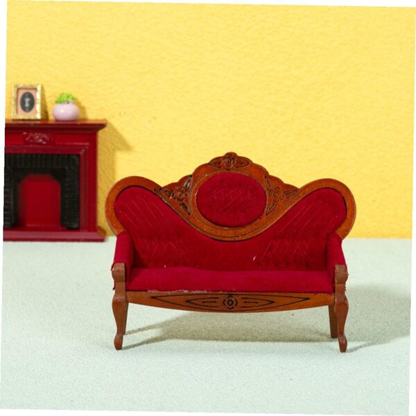 Set Divano e Sedia Miniatura in Legno per Casa Bambole, Stile Vintage Rosso