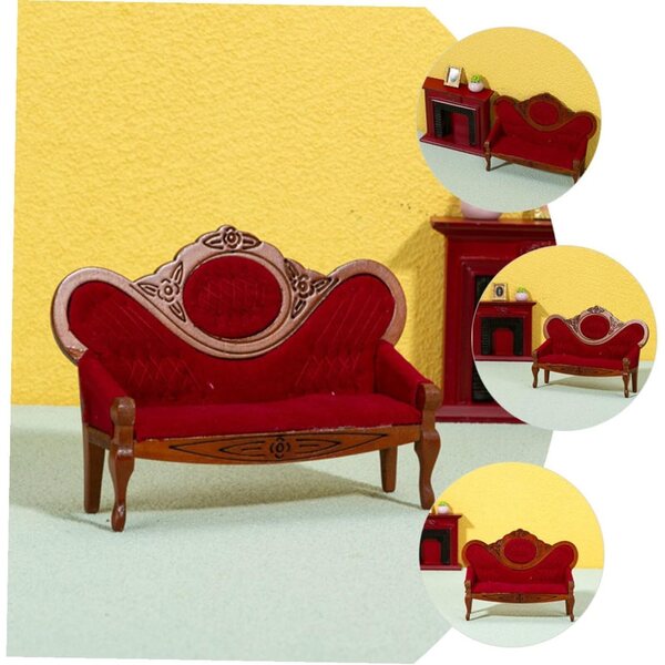 Set Divano e Sedia Miniatura in Legno per Casa Bambole, Stile Vintage Rosso