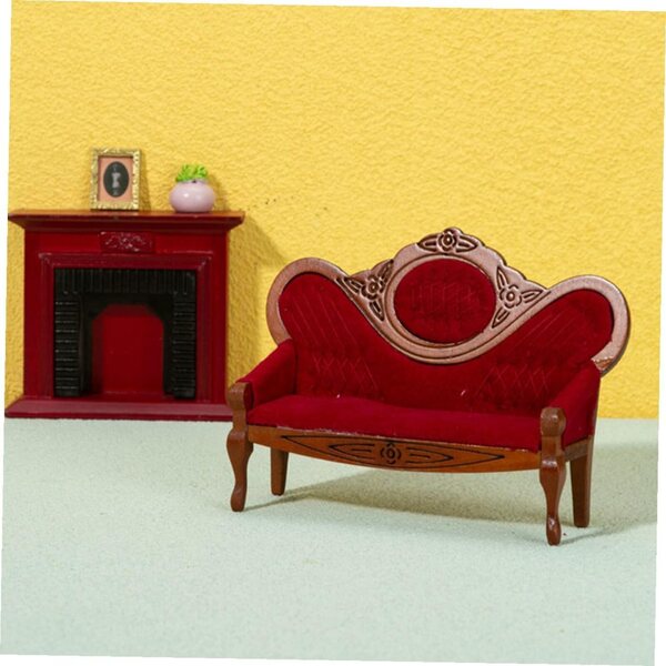 Set Divano e Sedia Miniatura in Legno per Casa Bambole, Stile Vintage Rosso