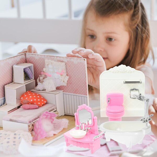 Set Mobili Bagno Miniatura Casa delle Bambole in Plastica Bianco, Decorazione Realistica