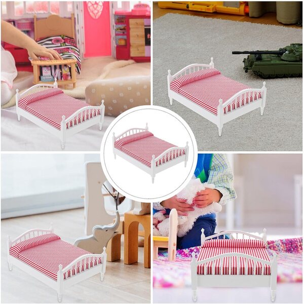 Mini-Doppelbett aus rosa Birkenholz für Puppenhaus 16x12 cm