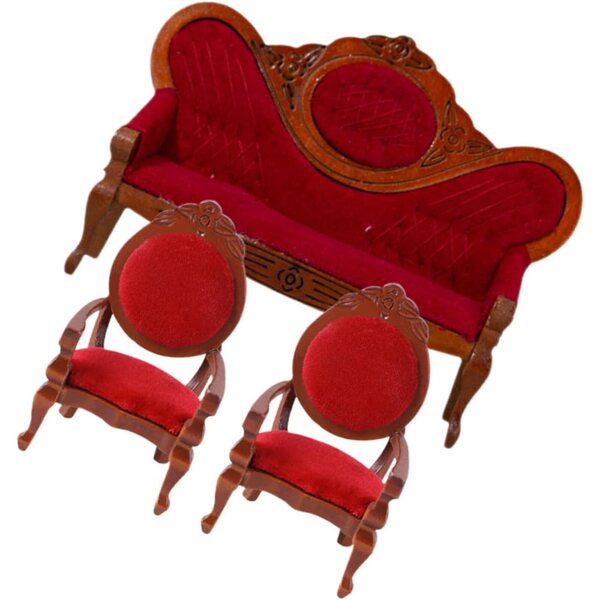 Mini Divano Vintage Rosso per Casa delle Bambole | Set 1 Divano + 2 Poltrone