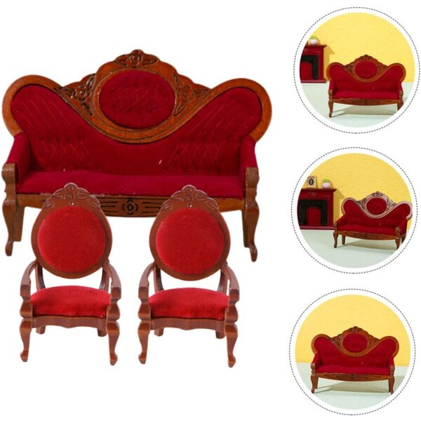 Mini Divano Vintage Rosso per Casa delle Bambole | Set 1 Divano + 2 Poltrone