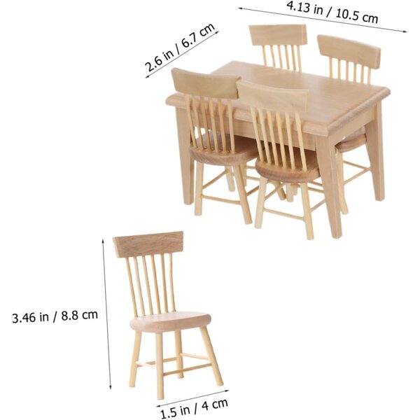 Miniaturesæt med bord og 4 stole i egetræ til dukkehjem