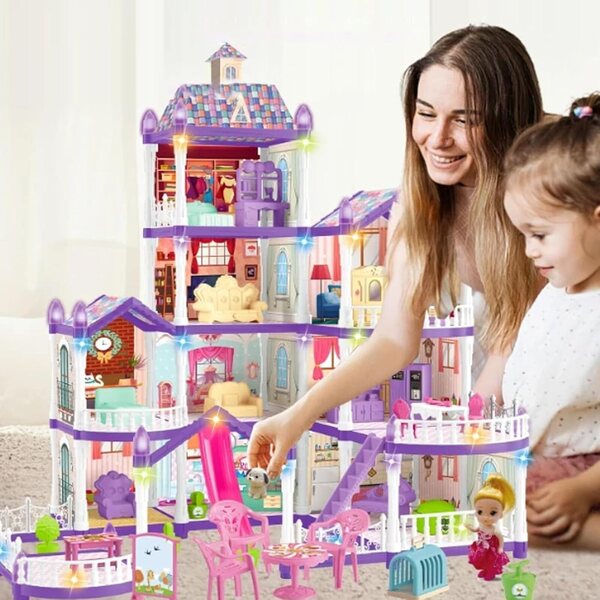 Casa De Villa di Montaggio in Miniatura con 3 Principesse e 2 Cuccioli per Bambine 4-6 anni
