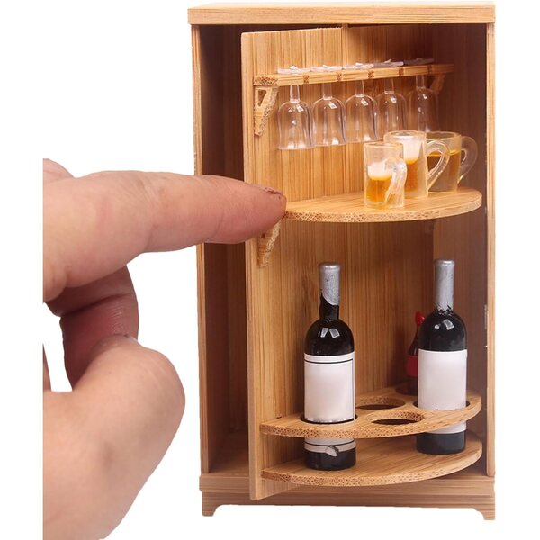 Mini armadietto vino in legno con bottiglie e bicchieri per casa delle bambole 12,5x7,5x4,5 cm
