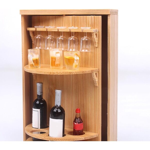 Mini armadietto vino in legno con bottiglie e bicchieri per casa delle bambole 12,5x7,5x4,5 cm