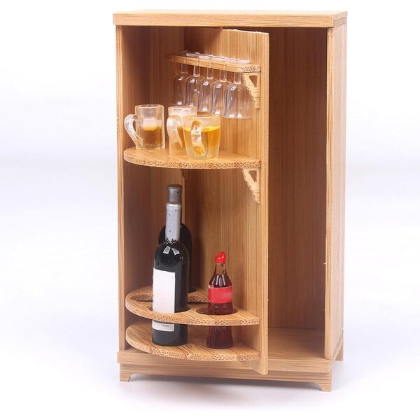 Mini armadietto vino in legno con bottiglie e bicchieri per casa delle bambole 12,5x7,5x4,5 cm