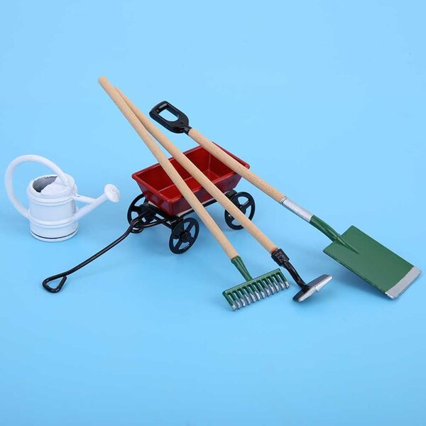 Set 5 Attrezzi Giardinaggio Miniatura per Casa delle Bambole Scala 1/12 in Ferro e Legno