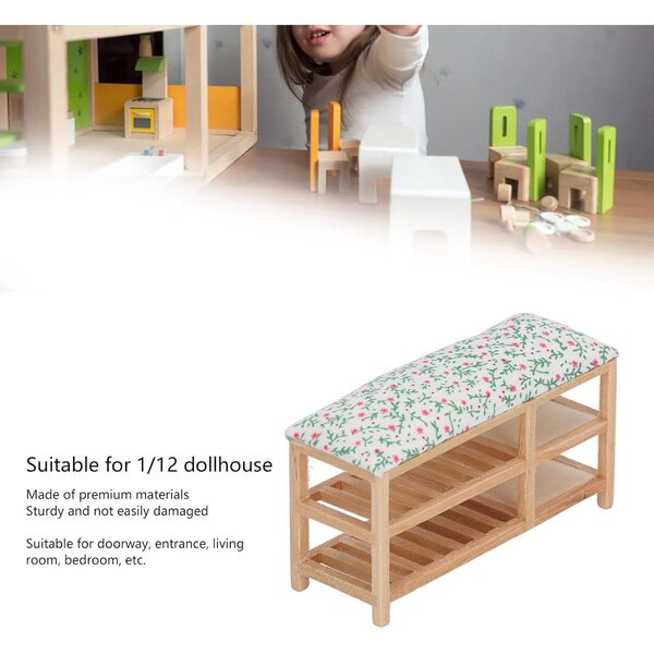 1/12 Puppenhaus Miniatur-Schuhregal, 2-lagiger Schuhschrank mit Bank