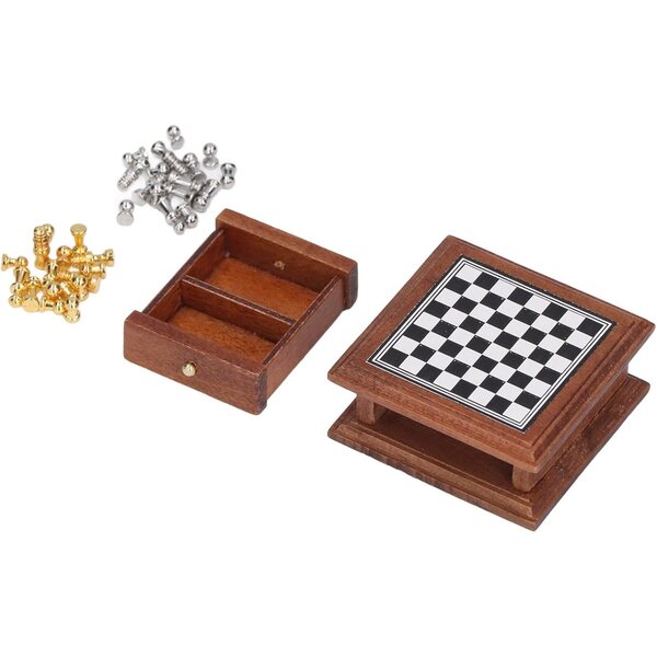 Miniatur-Schachspiel aus Birke und Metall zur Puppenhausdekoration