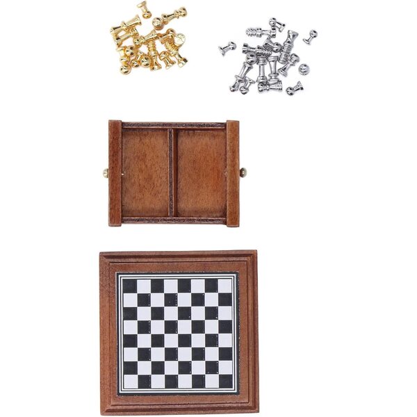 Miniatur-Schachspiel aus Birke und Metall zur Puppenhausdekoration
