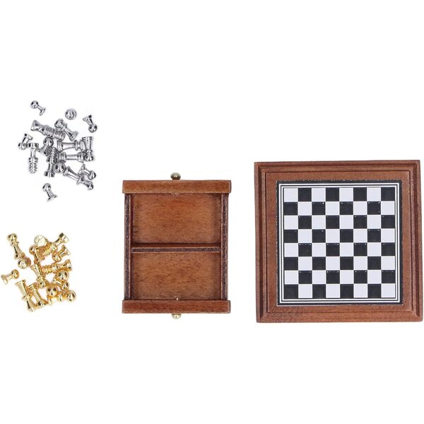 Miniatur-Schachspiel aus Birke und Metall zur Puppenhausdekoration