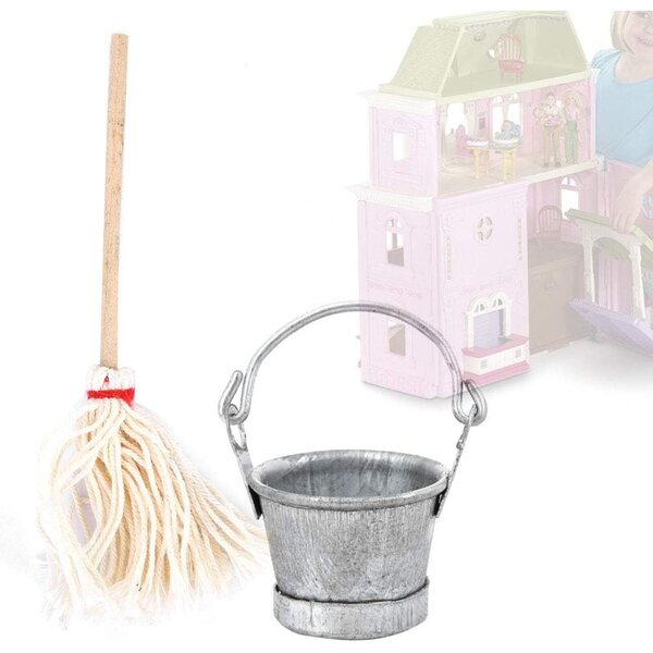 Puppenhaus-Miniatur-Eimer- und Wischmopp-Set 1:12 aus ungiftigem Holz